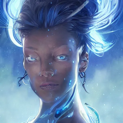 Image similar to cyborg, female, fantasy, bioluminiscence, flowing hair, portrait, highly detailed, digital painting, beautiful eyes, symmetry, concept art, sharp focus, illustration, art by artgerm and greg rutkowski and magali villeneuve and ilya kuvshinov! : : alphonse mucha : : - 0. 2