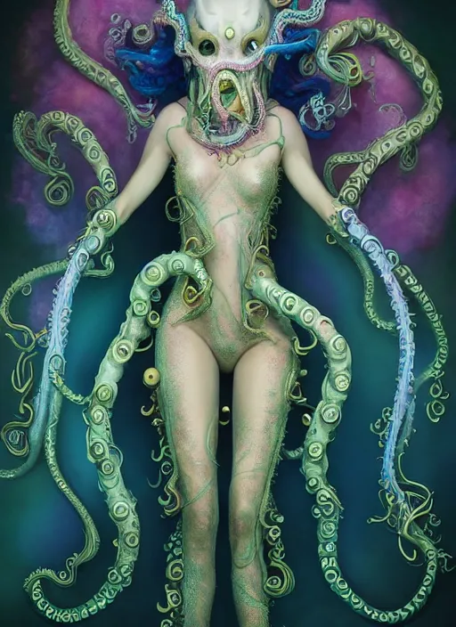 Image similar to A full body shot of a cute and mischievous monster girl made of tentacles wearing an ornate ball gown covered in opals. Fancy Dress. Subsurface Scattering. Translucent Skin. Rainbow palette. defined facial features, symmetrical facial features. Opalescent surface. beautiful lighting. By Giger and Ruan Jia and Artgerm and WLOP and William-Adolphe Bouguereau. Photo real. Hyper-real. Photorealism. Fantasy Illustration. Sailor Moon hair. Masterpiece. trending on artstation, featured on pixiv, award winning, cinematic composition, dramatic pose, sharp, details, Hyper-detailed, HD, HDR, 4K, 8K.