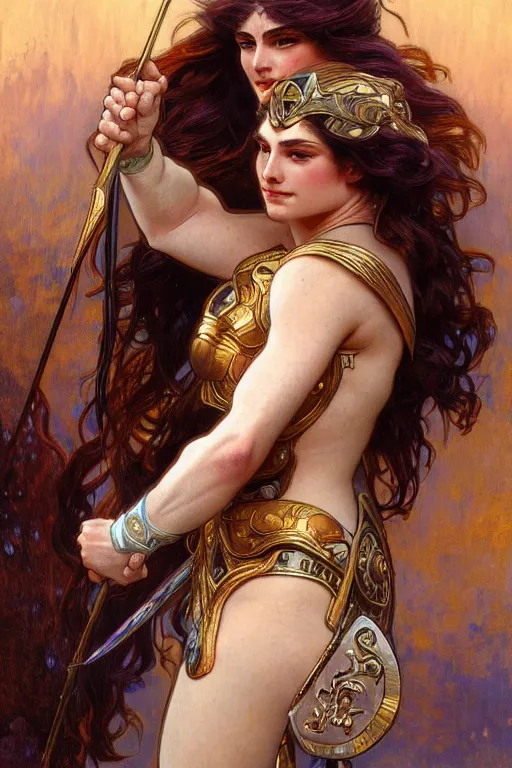 Prompt: painted portrait of artemis wearing armor, greek god, feminine, powerful, beautiful, upper body, muscular, fantasy, intricate, elegant, highly detailed, digital painting, artstation, concept art, smooth, sharp focus, illustration, art by gaston bussiere and alphonse mucha