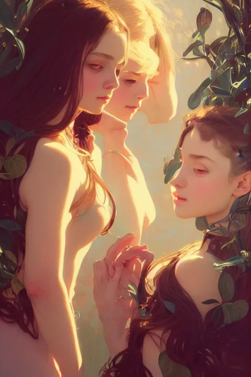 Image similar to very beautiful twin girls, fantasy, portrait, sharp focus, intricate, elegant, digital painting, artstation, matte, highly detailed, concept art, illustration, ambient lighting, art by ilya kuvshinov, artgerm, Alphonse mucha, and Greg Rutkowski