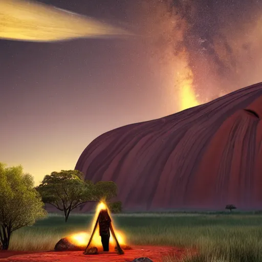 Prompt: star birth at uluru, didgeridoo, epic fantasy art in 8 k photorealistic illustration