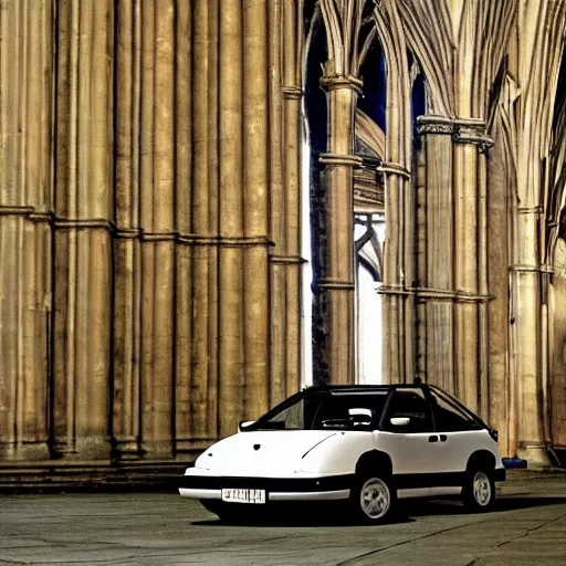 Image similar to a geo metro, parked in a cathedral