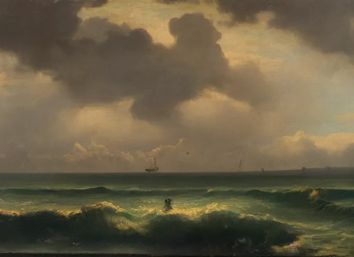 Prompt: the beaches of normandy before d - day, stormy weather in the style of hudson river school of art, oil on canvas