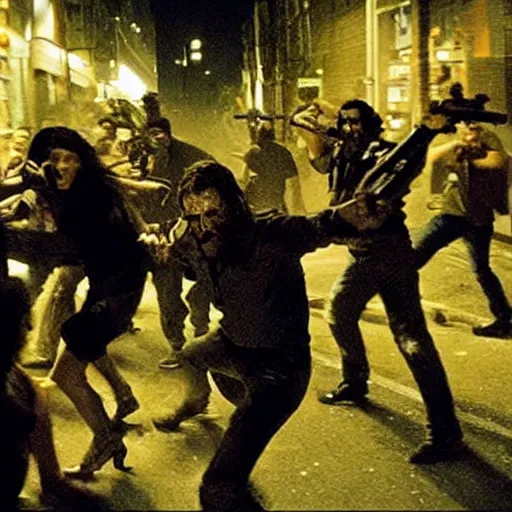 Prompt: James Cameron movie still shows throwing a molotov cocktail at an approaching horde of zombies, on a city street at night.