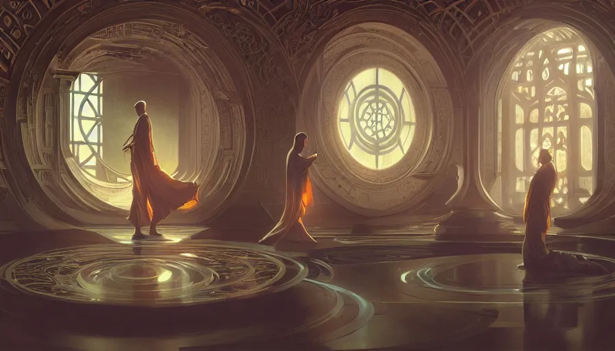 Image similar to a religious scifi room, monk doing tai chi on a floating circular platform in the center, symmetrical shot, center framing, elegant, cinematic shot, intricate digital painting artstation concept art smooth sharp focus illustration, art by artgerm and greg rutkowski and alphonse mucha