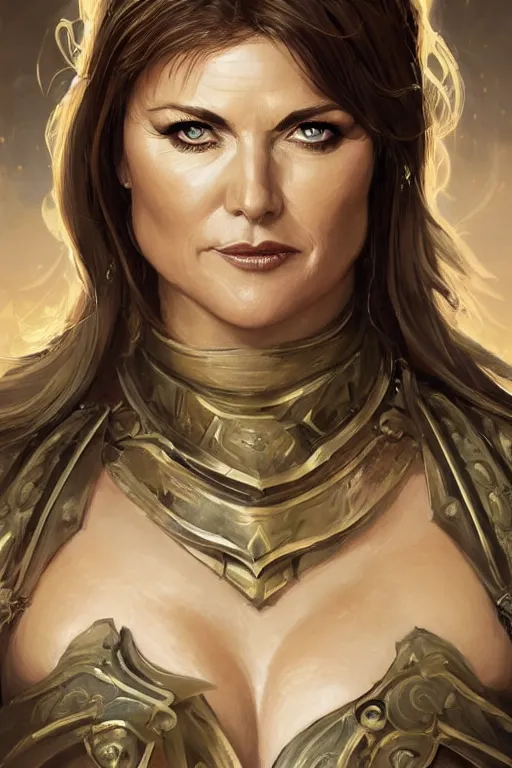 Image similar to a finely detailed portrait of Lucy Lawless, clothed in battle armor, olive skin, long dark hair, beautiful bone structure, symmetrical facial features, intricate, elegant, digital painting, trending on Artstation, concept art, smooth, sharp focus, illustration, from World of Warcraft, by Ruan Jia and Mandy Jurgens and Artgerm and william-adolphe bouguerea, award winning