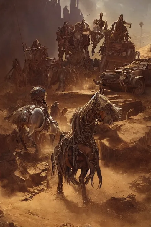 Image similar to Mad Max reimagined in the baroque era, catapult, horses, orchestral band on a wagon, hearthstone art style, epic fantasy style art by Craig Mullins, fantasy epic digital art, epic fantasy card game art by Greg Rutkowski