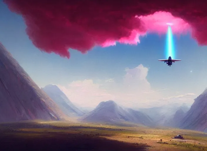 Prompt: Where ufo and aircraft fly in the sky. There is a high mountain and right next to it is a pink waterfall. Fantasy digital painting by Greg Rutkowski. Fantasy. Digital painting. Greg Rutkowski. Fantasy artwork.