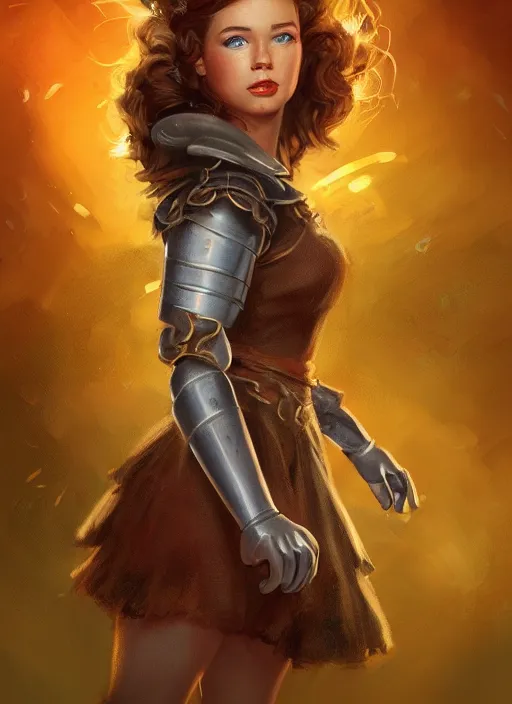 Prompt: beautiful female dorothy gale, rebecca romijn as dorothy, full body character concept, full steel armor, super powers, fantasy, intricate, elegant, highly detailed, digital painting, artstation, concept art, shining, sharp focus, illustration, art by stanley lau