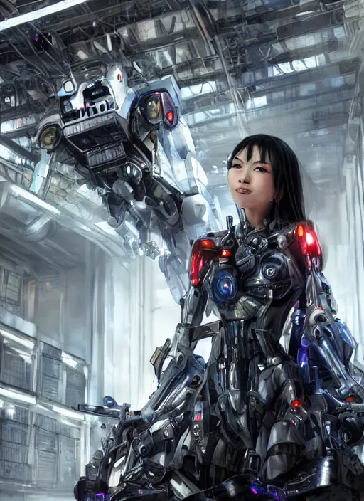 Image similar to a young attractive Asian woman wearing mecha armor inside a sci-fi hangar, dramatic pose, chrome, glowing LEDs, wires and cables, highly detailed, photorealistic, volumetric lighting, digital art, octane render, in the style of Artgerm and Tom Bagshaw