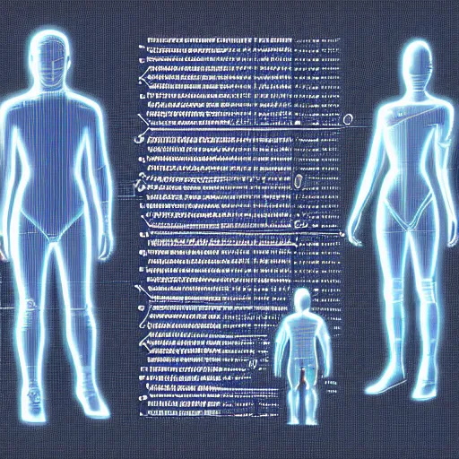 Prompt: detailed blueprint of a human on a hologram, sci-fi, futuristic, cgi