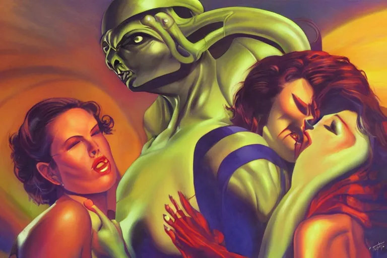 Image similar to an alien woman kisses a man by julie bell, sci - fi, color vibe, reimagined by industrial light and magic