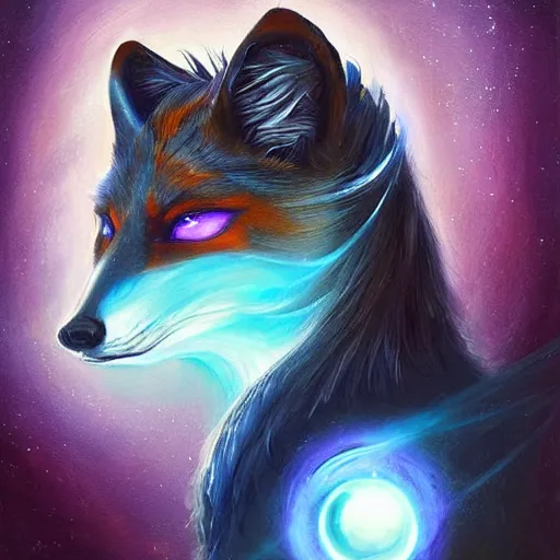 Image similar to a stylized realistic painting of an avatar of an awesome cosmic powerful luxurious foxfolk mage themed around death and the cosmos, in the style of dnd beyond avatar portraits, beautiful, artistic, elegant, lens flare, magical, lens flare, nature, realism, stylized, art by jeff easley and genndy tartakovsky and hayao miyazaki