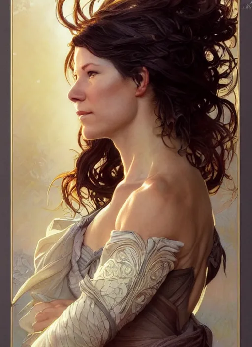 Image similar to beautiful portrait of evangeline lilly, by magali villeneuve and greg rutkowski and artgerm and alphonse mucha, intricate, elegant, highly detailed, photorealistic, trending on artstation, trending on cgsociety, 8 k, sharp focus