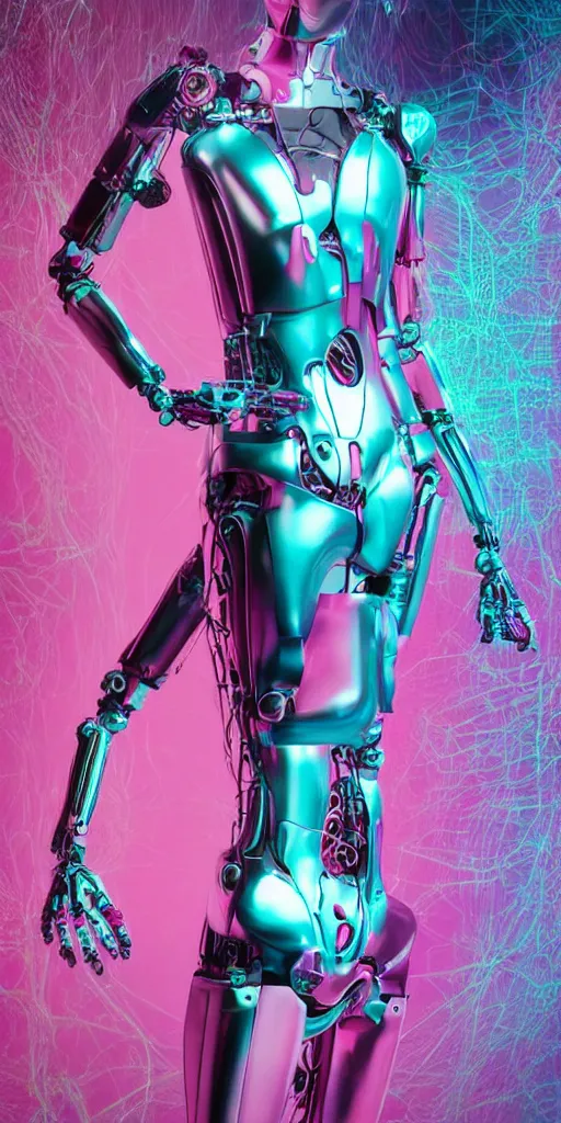 Prompt: full body portrait of beautiful female biomechanical robot, chrome skin, inside a futuristic spaceship, cyan and magenta colors, soft light, feminine figure, gorgeous, pretty face, wires and black metal, beautiful fashion model body, high detail, hyper realistic