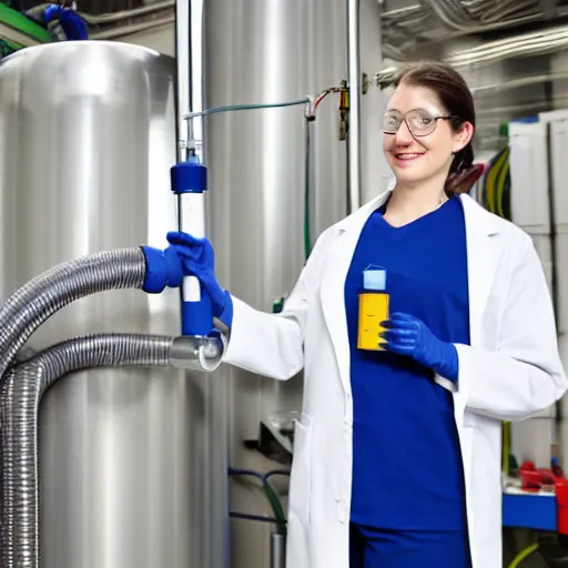 Prompt: woman in a lab coat leaning against a large compressed air tank. she's smirking while holding on to the tank's valve. a hose connects the tank to her mouth.