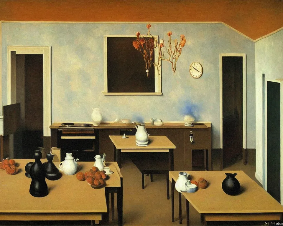 Prompt: achingly beautiful painting of a sophisticated, well - decorated, modern kitchen by rene magritte, monet, and turner.