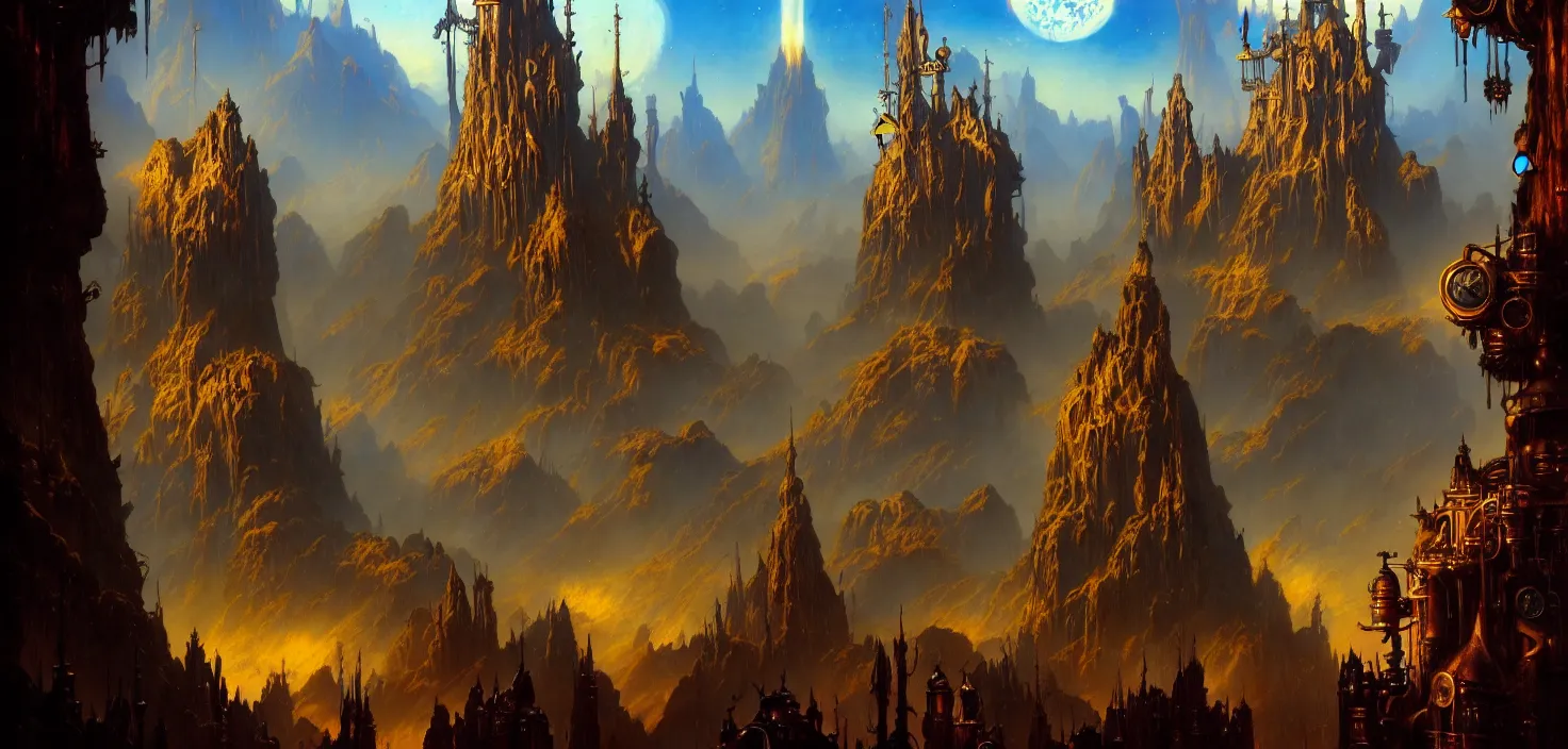 Prompt: exquisite imaginative fantasy landscape with steampunk towers movie art by : : james gurney lucusfilm weta studio, trending on artstation james jean frank frazetta