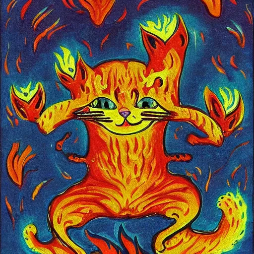 Prompt: a cat with fire in her claws, louis wain, fantasy art