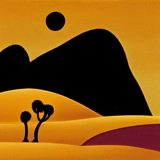 Prompt: sunset in the desert, animated film, stylised, illustration, by eyvind earle, scott wills, genndy tartakovski