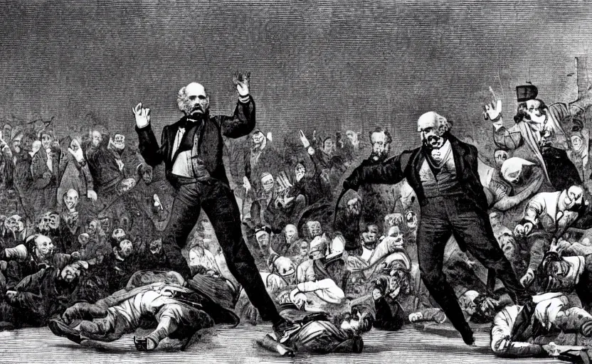Image similar to Karl Marx as WWE wrestler suplexing Friedrich Nietsche on a WWE ring and the crowd goes crazy