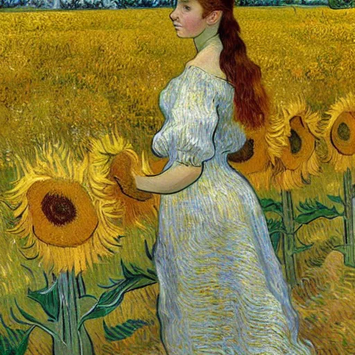 Prompt: a girl in amazing tall sunflower field, her hair flowing down, subtle, intricate details, real masterpiece, oil on canvas, by vincent van gogh