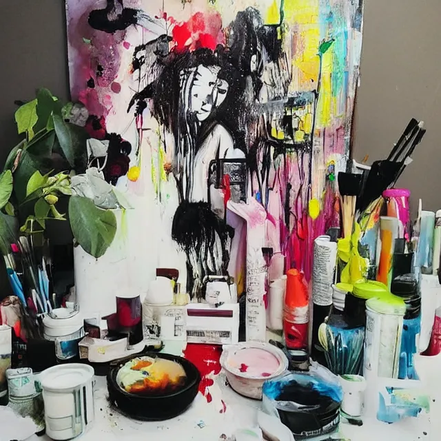 Image similar to “ a portrait in a female art student ’ s apartment, sensual, art supplies, paint tubes, palette knife, pigs, ikebana, herbs, a candle dripping white wax, black walls, squashed berries, berry juice drips, acrylic and spray paint and oilstick on canvas, surrealism, neoexpressionism ”