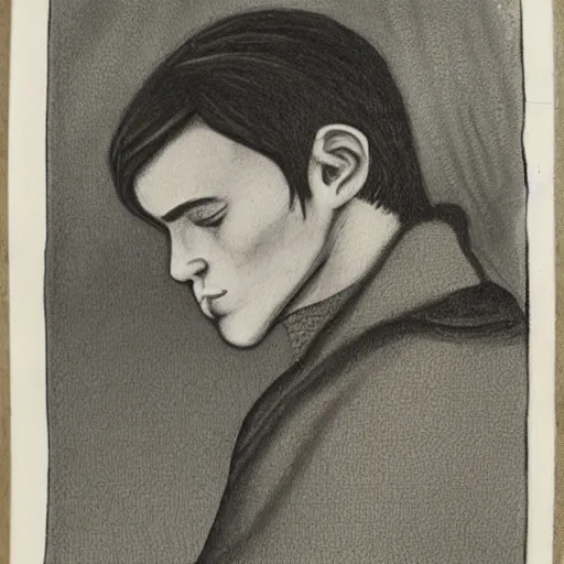 Prompt: storybook illustration swinish portrait of a melancholic young dude 2 9 years old