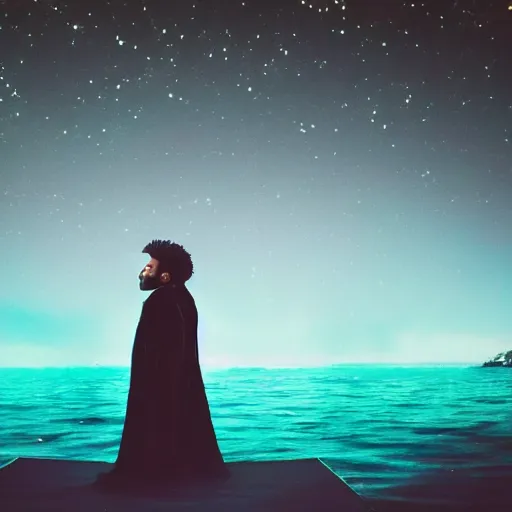 Image similar to the weeknd with a velvet crown and black gown standing on a raised translucent platform in the middle of the sea, night time with milky way in the sky. cinematic, 3 5 mm film, sharpness, nostalgic and melancholic 4 k, 8 k