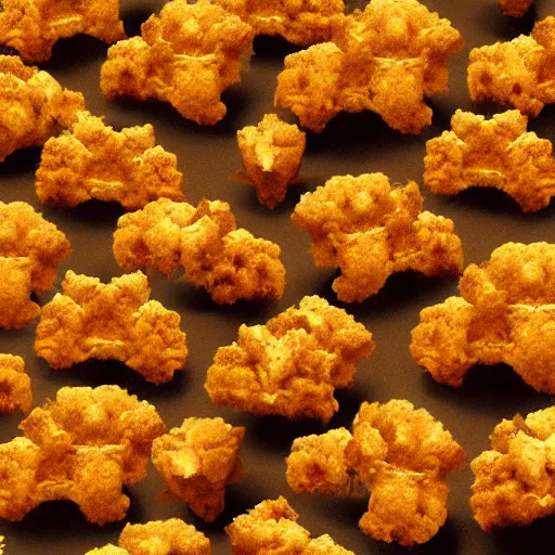 Image similar to An asteroid field made of chicken nuggets. photorealistic, 8k, cinematic