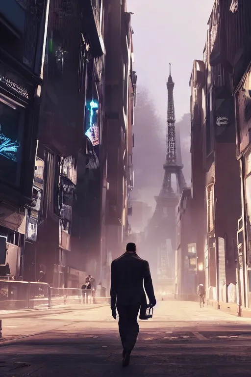 Prompt: in the foreground a Parisian street, in the background a dark-haired man from behind wearing a long matrix style jacket and starting to fly away, realistic, high definition, great detail, dramatic scene, detailed and realistic hands, symmetrical face, realistic eyes, cyberpunk art 2077