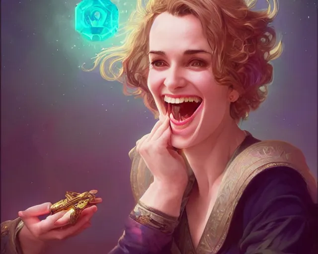 Prompt: winona ryder laughing and smiling, photography of kurzgesagt, deep focus, d & d, fantasy, intricate, elegant, highly detailed, digital painting, artstation, concept art, matte, sharp focus, illustration, hearthstone, art by artgerm and greg rutkowski and alphonse mucha