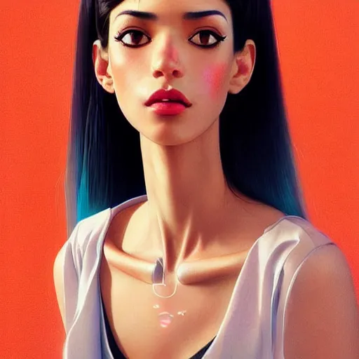 Prompt: a beautiful skinny latina wearing fashionable dress with head tilted back, focus close on eyes realistic skin texture, eighties holographic art by ilya kuvshinov lois van baarle ross tran range murata artgerm katsuhiro otomo norman rockwell, highly detailed intricately sharp focus, bedroom eyes trending on pinterest vogue italia unreal engine 5, 4 k uhd image