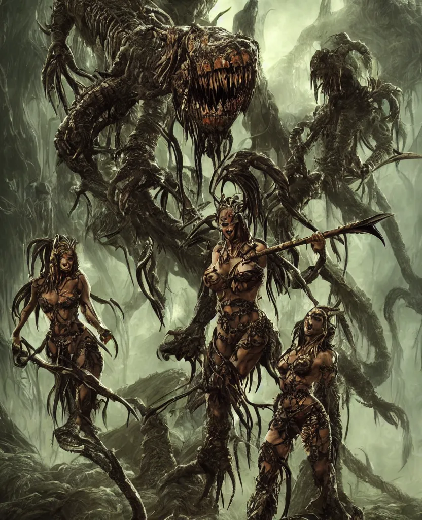 Image similar to Highly detailed character art of Epic Female Predator, scary yellow eyes, open mouth with sharp predator mandible fangs, in bikini armor, with long dreadlocks, carrying a melee weapon, deep ominous jungle, by John Blanche, Frank Frazetta octane render