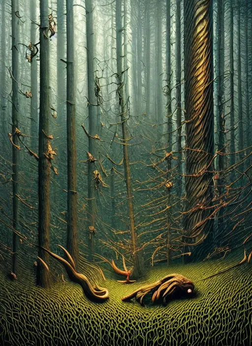 Prompt: hyper detailed 3d render like a Oil painting - the forest of fear by Jacek Yerka, Mariusz Lewandowski, Houdini algorithmic generative render, Abstract brush strokes, Masterpiece, Edward Hopper and James Gilleard, Zdzislaw Beksinski, Mark Ryden, Wolfgang Lettl, hints of Yayoi Kasuma, octane render, 8k