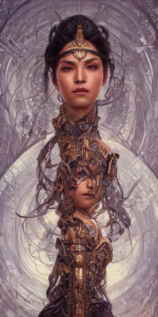 Image similar to HDR portrait photography of The Benevolent Cyborg Queen, ethnic, fantasy, intricate, elegant, highly detailed, digital painting, artstation, HDR photo, smooth, sharp focus, illustration, art by artgerm and greg rutkowski and alphonse mucha