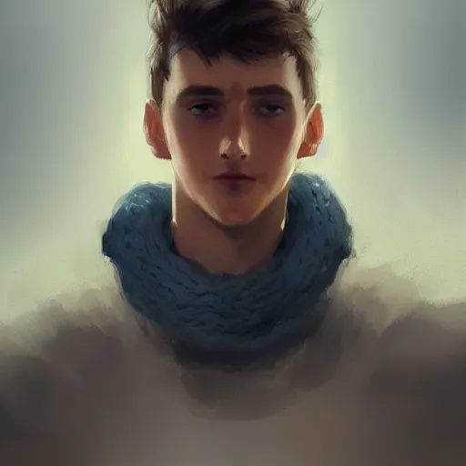 Prompt: portrait of a very masculine teenage girl with blue eyes and brown hair, short men's haircut, with a big nose, smiling, wearing an oversized sweater, dramatic lighting, illustration by Greg rutkowski, yoji shinkawa, 4k, digital art, concept art, trending on artstation