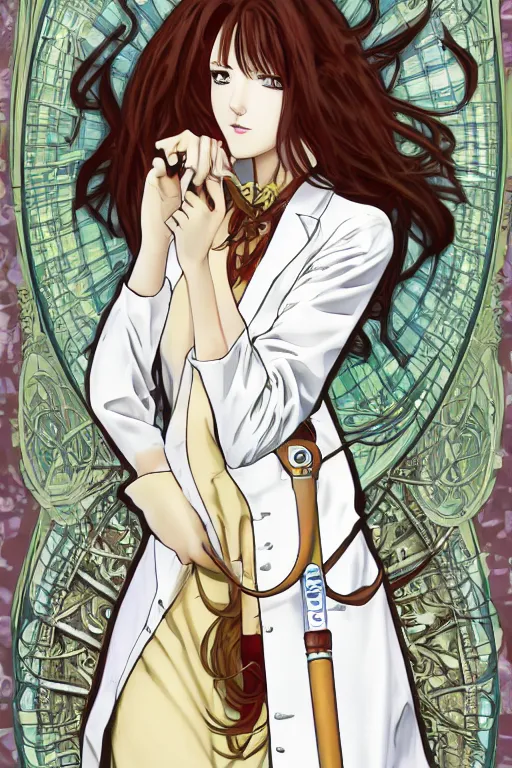 Image similar to Kurisu Makise in long lab coat tonemapped in the style of Ayami Kojima and Alphonse Mucha