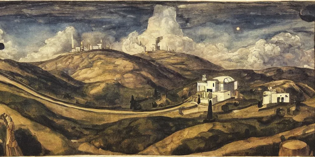 Prompt: Modern Spanish observatory of multiple telescopes scattered across the mountaintop painted in pre-Rafaelite style by Gabriel Rossetti