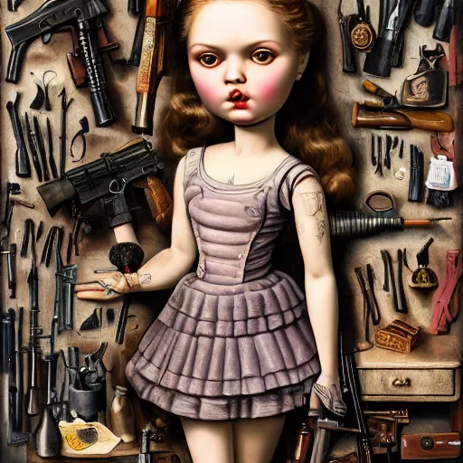 Prompt: doll next to weapons, hand grenades, rpg, by mark ryden, breathtaking, 8 k resolution, extremely detailed, beautiful