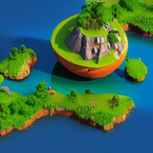 Image similar to a floating island on an aquatic environment isometric art, south america landscape, low poly art, game art, artstation, 3D render, high detail, cgsociety, octane render