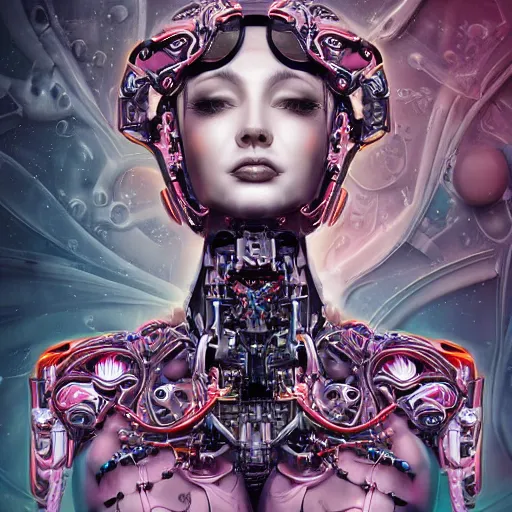 Image similar to an extremely beautiful biomechanical female robot with large emoji tattoos, twins, neon jacuzzi, oppai cyberpunk, chimeric organism, holodeck, pale skin, organic polycarbon, full frontal portrait, highly detailed, transhumanist hydration, symmetrical, mystical, goddess, mechanical, mendelbrot fractal, ray tracing, hyperdetailed, hyperrealistic, zdislaw beksinski, trending on artstation, octane render, hdr, uhd 4k