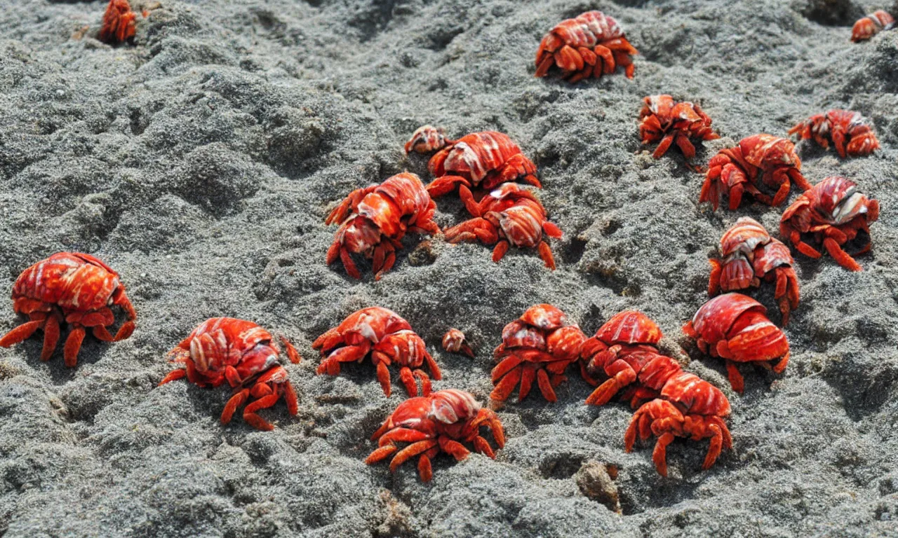 Prompt: a group of anthropomorphic red cute hermit crabs on sandy beach, japanese cartoon style