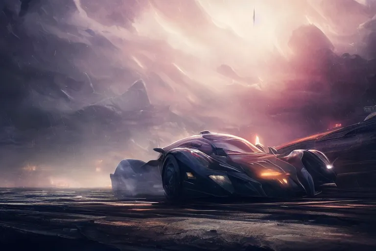 Image similar to the batmobile caught in the flow of time. octane render. 8 k. dark. atmospheric. cinematic. spectacular. sense of awe. mist. strong winds. sunrise. super slowmotion. matte painting painted by sparth and peter mohrbacher