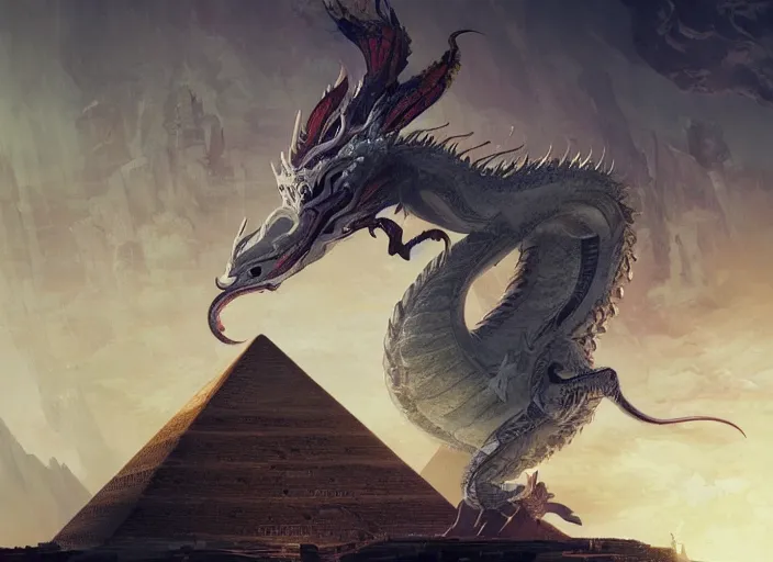 Image similar to luxurious white chinese dragon hovering side of a cyberpunk egyptian pyramid, by greg rutkowski, james jean, peter mohrbacher, rule of thirds, sigma look, beautiful, intricate, majestic, award winning
