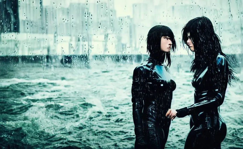 Image similar to cinestill 5 0 d candid action photographic portrait by quentin tarantino of two loving female androids wearing rugged black mesh techwear in treacherous waters, extreme closeup, modern cyberpunk retrofuturism moody emotional cinematic, pouring iridescent rain, 8 k, hd, high resolution, 3 5 mm, f / 3 2, motion blur, ultra realistic faces, ex machina, tesla
