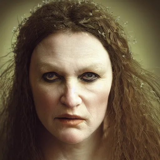 Image similar to a realistic portrait closeup 5 0 mm studio photograph by annie leibowitz of morgan le fay, a powerful and ambiguous enchantress of legend.