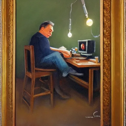 Prompt: viktor orban soldering in a cubicle, oil painting