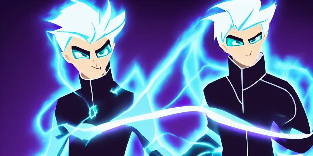 Image similar to a mage that looks like danny phantom he is at his desk working on a new spell that is casting out flowing energy, colorful, flowing energy, light rays, consistent face, medium shot, waist up, pixar and disney animation, sharp, concept art, highly detailed, bloom, dramatic lighting, cinematic