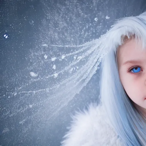 Image similar to ice dust around a frozen girl with white hair and blue eyes